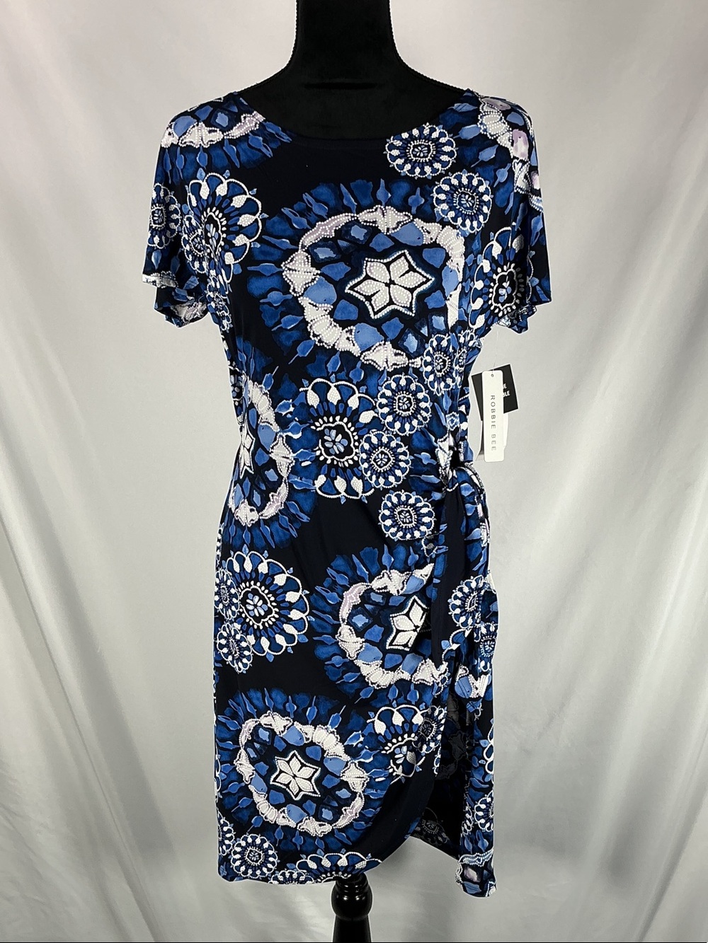 Robbie Bee NWT Black, Navy & Blue Floral Medallion Midi Dress Medium